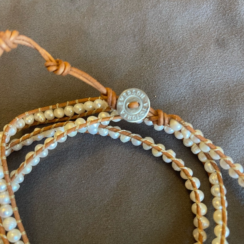 Victoria Emerson Pearl and Tan Leather Wrap Bracelet - Picture 3 of 3